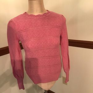 LOFT Dot Stripe Pointelle Pink Puff Sleeve Sweater